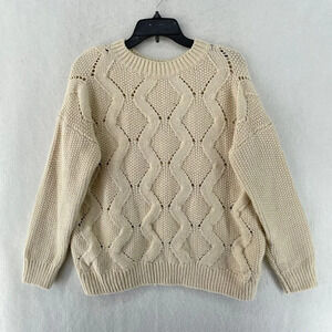 H&M Sweater Womens Sz XL Cream Pullover Cable Knit Long Sleeve Crew Neck Ribbed